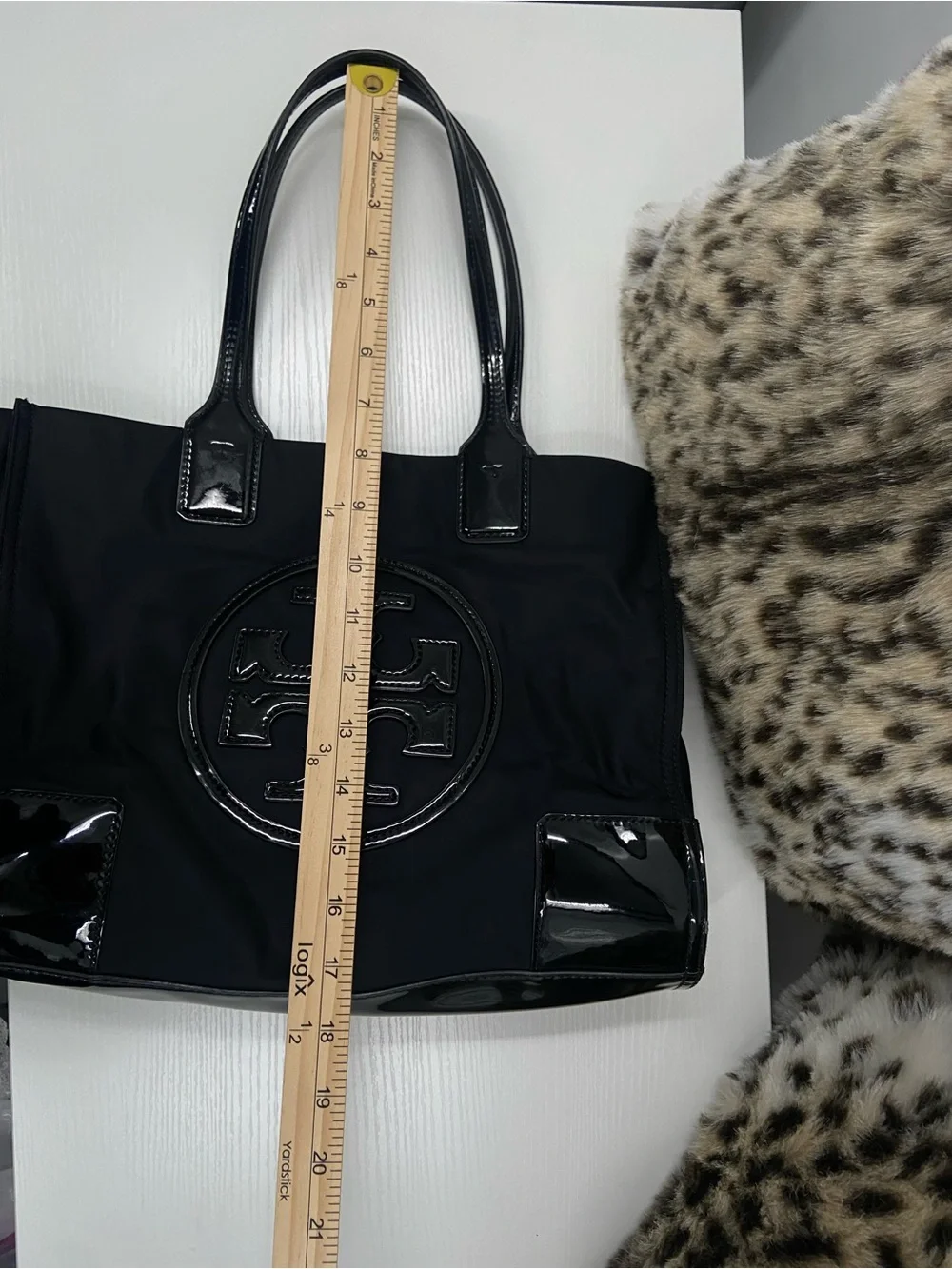 Tory Burch Ella with Patent Logo Tote Hand Bag Black Nylon